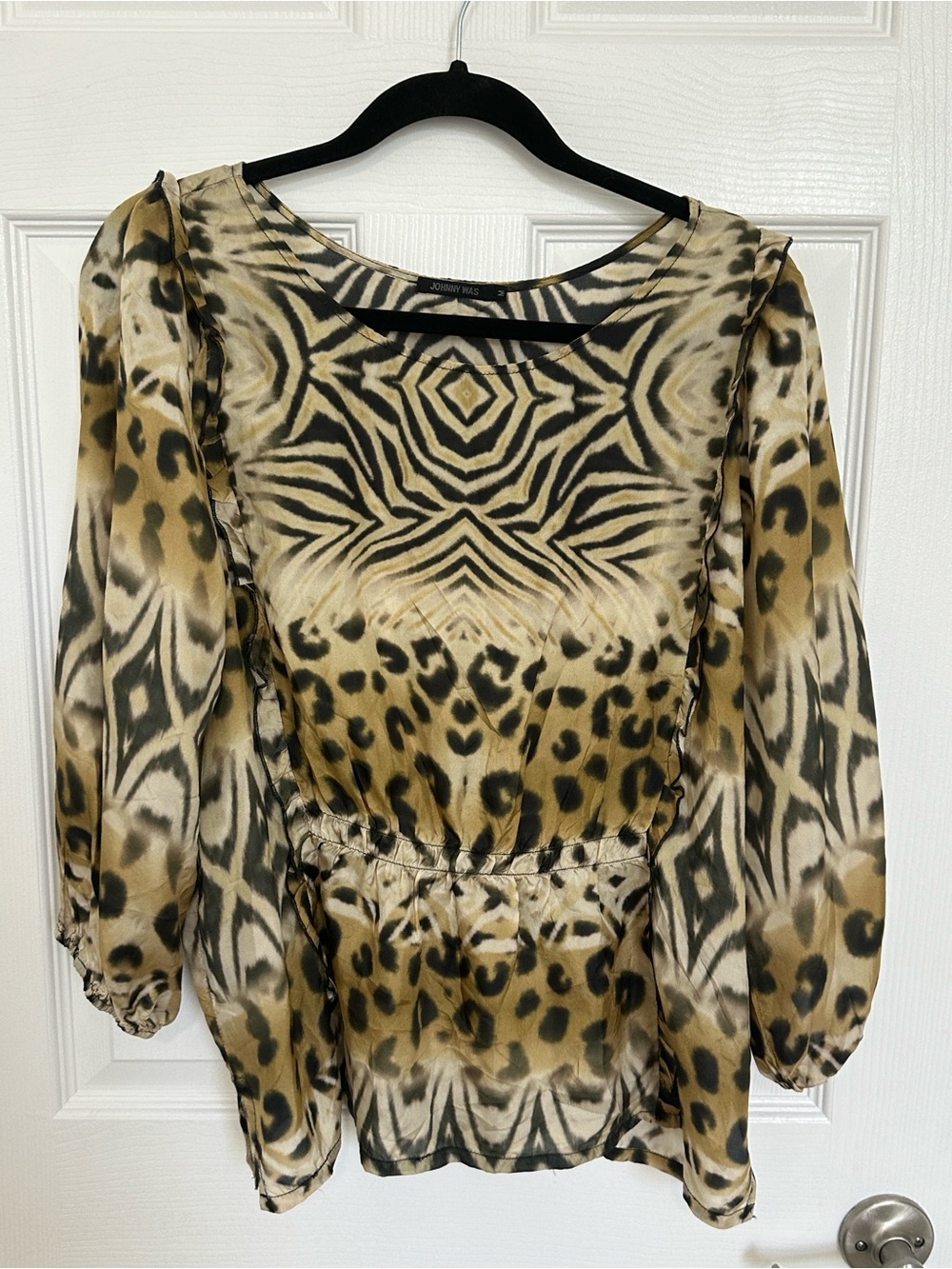 Johnny Was Med Mixed Animal Print Sheer Blouse - Brown Black Cream #100% Silk